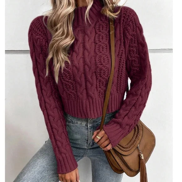 Cozy Mint Mock Neck Chunky Cable Knit Cropped Sweater Top - Picture 7 of 8